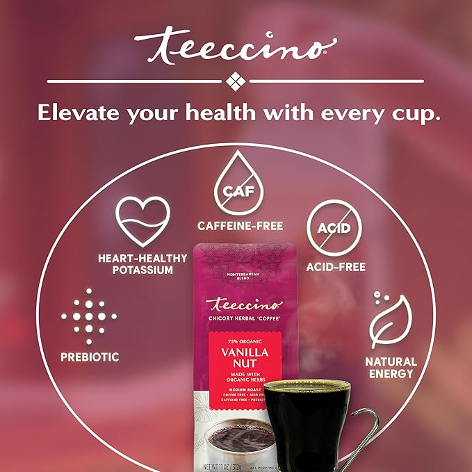 Teeccino Vanilla Nut Chicory Coffee Alternative - 11 Ounce - Ground Herbal Coffee That?™s Prebiotic, Caffeine Free & Acid Free, Medium Roast