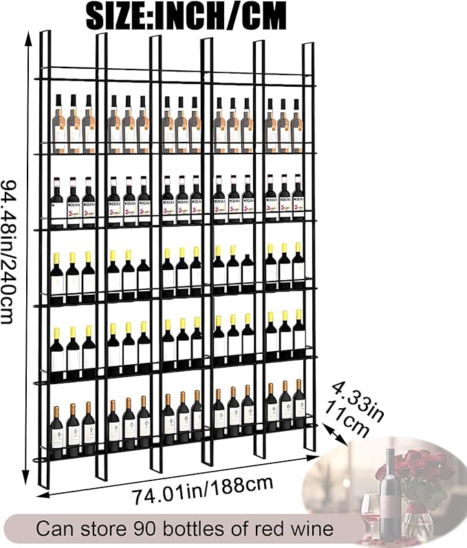 5 Columns Wine Rack Wall Mounted, 94.48in High Metal Wine Bottle Holder, Floor to Ceiling Wine Storage竊똗se as One or Three, DIY Display, for Restaurant, Bar, Cellar (Black, 5 Columns)