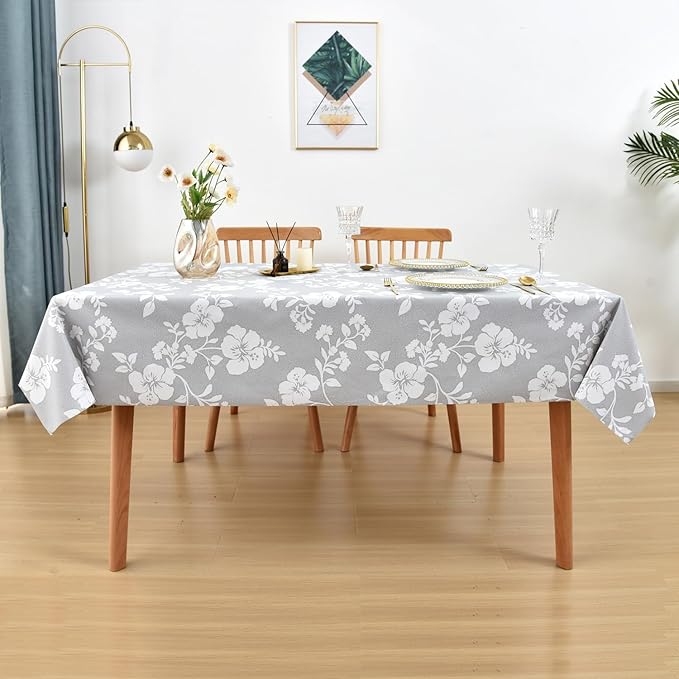 LOHASCASA Vinyl Plastic PVC Tablecloth Waterproof Oilcloth Wipeable PVC Padded Spillproof Autumn Camper Card Table Tablecloths Small Square 54x54 for Coffee Table Gray White Flowers