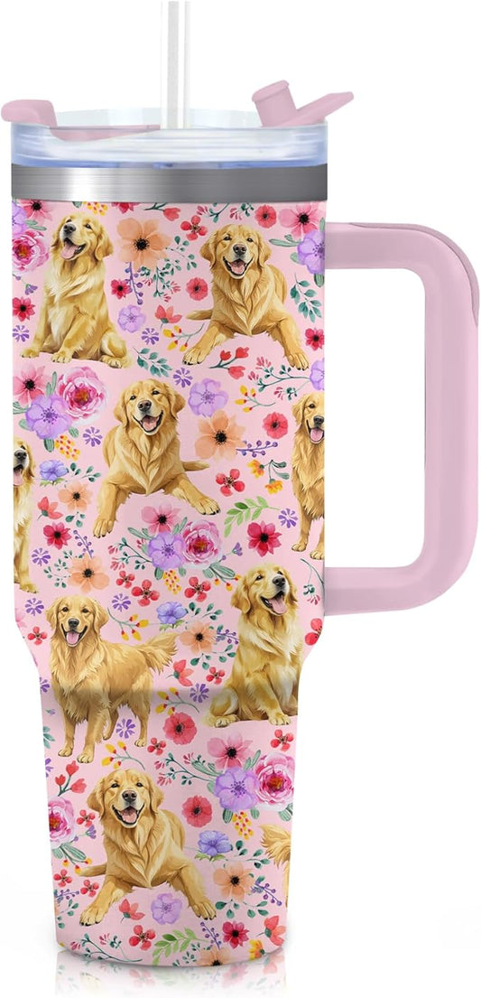 Yogusut Golden Retriever Gifts for Women, 40oz Stainless Steel Insulated Tumbler Travel Mug Cup with Handle Straw, Gifts for Dog Mom Dog Lover
