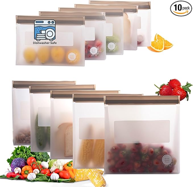 Reusable Food Storage Bags ??10-Pack Stand-Up, BPA-Free, Freezer, Dishwasher Safe & Eco-Friendly ??5 Gl, 5 L Bags ??Airtight Leakproof Ziplock Bags for Kitchen Storage (Grey)