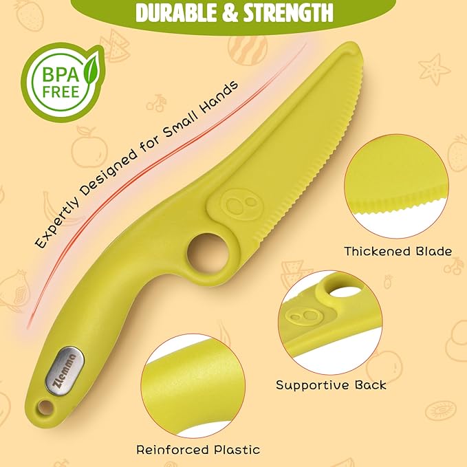 Toddler Learning Knife Set 4-Piece with Educational Ring for Real Cooking, Adorable Dog Design, Safe Serrated Edge for Cutting Training, and Premium Nylon Material Blade, (colors vary)