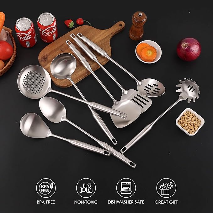 18/10 Stainless Steel Kitchen Utensils Set - 15??All Metal Cooking Tools & Serving Utensils, 8 PCS - Solid Spoon, Slotted Spoon, Spatula, Ladle, Skimmer, Tunner, Spaghetti Spoon, Large Spoon Set