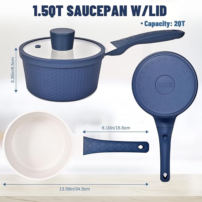 1.5QT Nonstick Saucepan with Lid - Granite Coating, PTFE & PFOA Free, Dishwasher Safe Small Cooking Pot for Milk, Sauce, Pasta