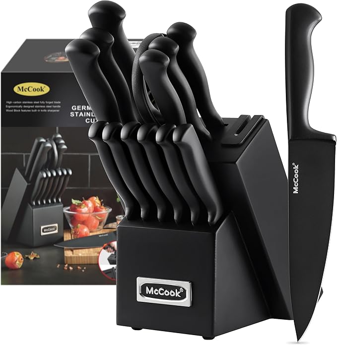 McCook짰 Knife Sets,German Stainless Steel Knife Block Sets with Built-in Sharpener, Black
