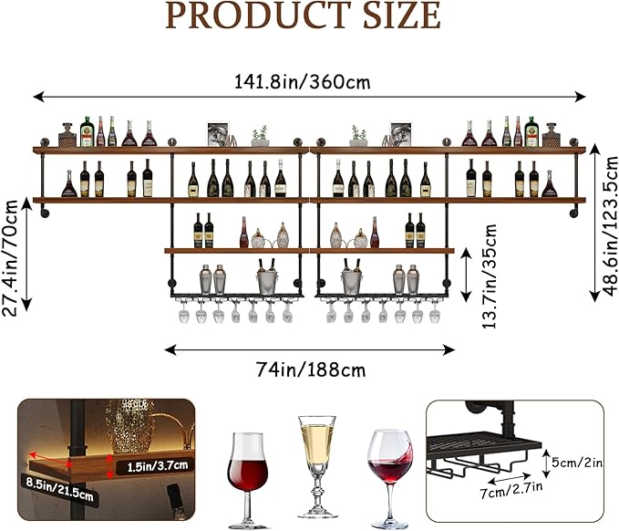 142in Large Wine Rack with LED Light, 4 Tiers Solid Wood Wall Mounted Wine Rack, Industrial Liquor Bottles Floating Shelves with Glass Holder for Home Bar/Dining Room (141.8in/360cm)