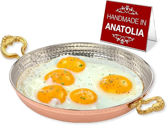 Hakan Copper Egg Pan for Cooking | Handmade Large Frying Pan | Hammered Skillet with Double Handles for Omelette | Authentic Kitchen Cookware & Copper Gifts Idea, 9.4??(24 cm)