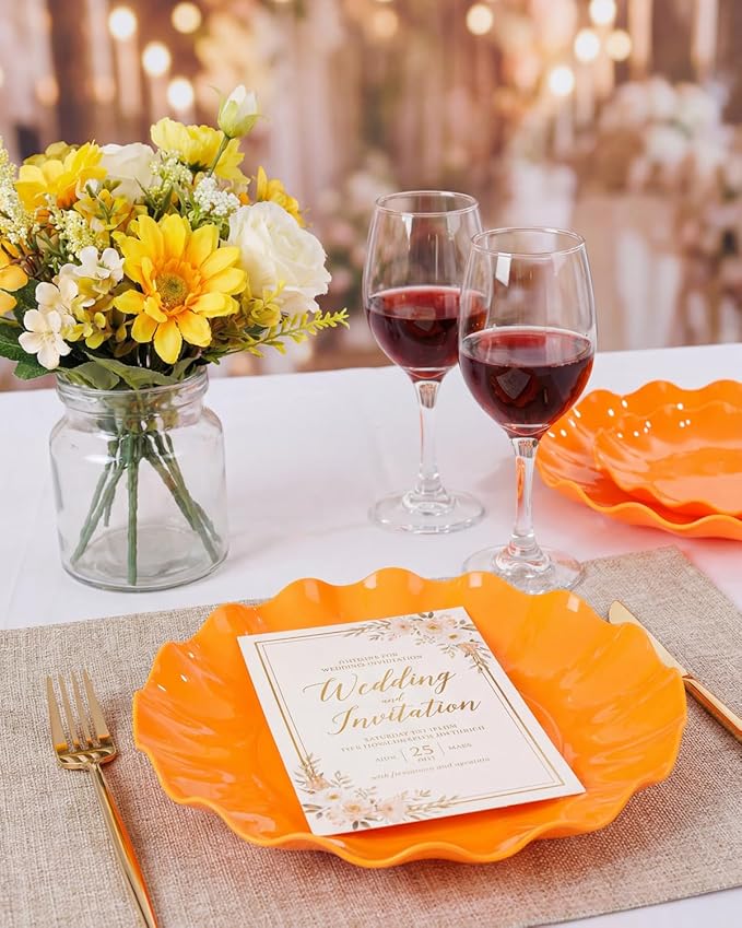 LIYH 20 Pcs 10 Inch Orange Plastic Scalloped Plates Reusable - Unbreakable Dinner Plates-Dishwasher Safe, Perfect for Halloween & Thanksgiving Party BPA Free