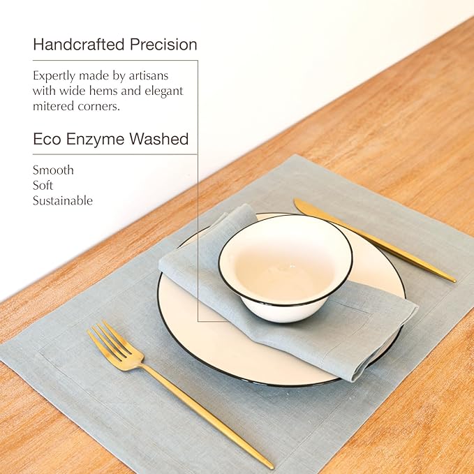 KNOKNO Home Pure Hemp Placemats 18 x 12 Inch Set of 4 Handcrafted with Mitered Corners Natural Fabric,Machine Washable Table Mats for Dining Tables (Stone Blue, Placemats | Set of 4)