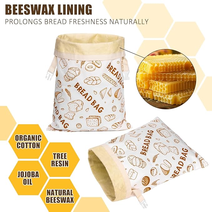2 Pack Beeswax Bread Bags for Sourdough Reusable Bread Bags Food Storage Bag Large Capacity Portable Freshness Preservation Homemade Sourdough Bread Storage Bag