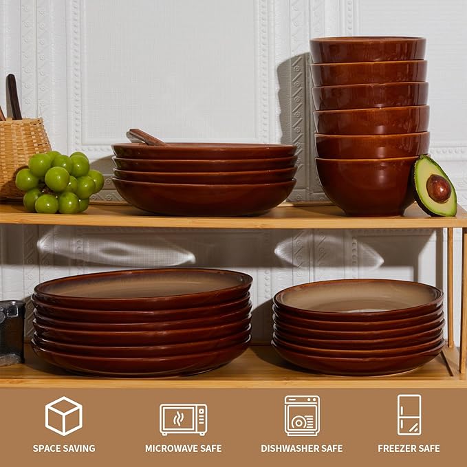 Ceramic Dinnerware Sets for 6, 18 Pieces Stoneware Plates and Bowls Sets, Chip and Crack Resistant Dishes, Dishwasher & Microwave Safe Dishware Sets, Brown Yellow