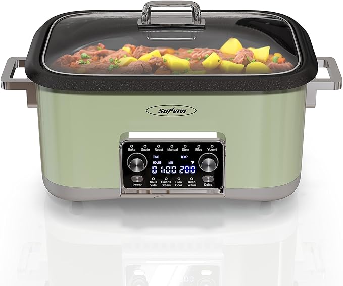 Sunvivi 8 Quart Slow Cooker Roaster Oven, 12 in 1 Programmable Multi-Cooker Food Warmer with Digital Timer, Temp Control, Removable Cast Aluminum Pot & Dishwasher-Safe Tempered Glass Lid, Green