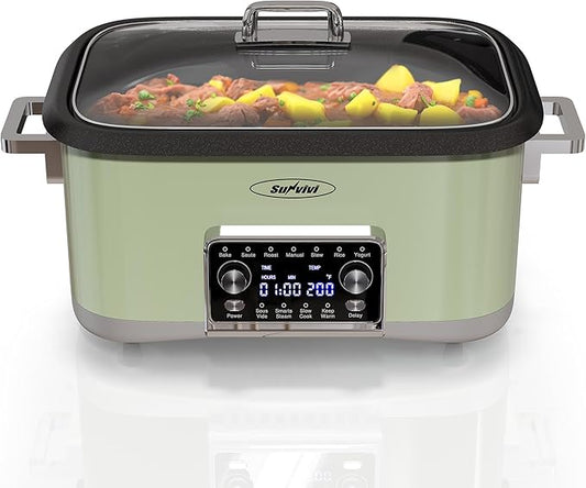 Sunvivi 8 Quart Slow Cooker Roaster Oven, 12 in 1 Programmable Multi-Cooker Food Warmer with Digital Timer, Temp Control, Removable Cast Aluminum Pot & Dishwasher-Safe Tempered Glass Lid, Green
