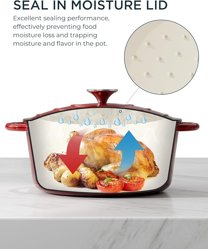 Enameled Cast Iron Dutch Oven - 6QT Pot with Lid & Cotton Potholders - Heavy-Duty Cookware for Braising, Stews, Roasting, Bread Baking, Oven Safe up to 500째F & Suitable for All Cooktops, Cherry Red