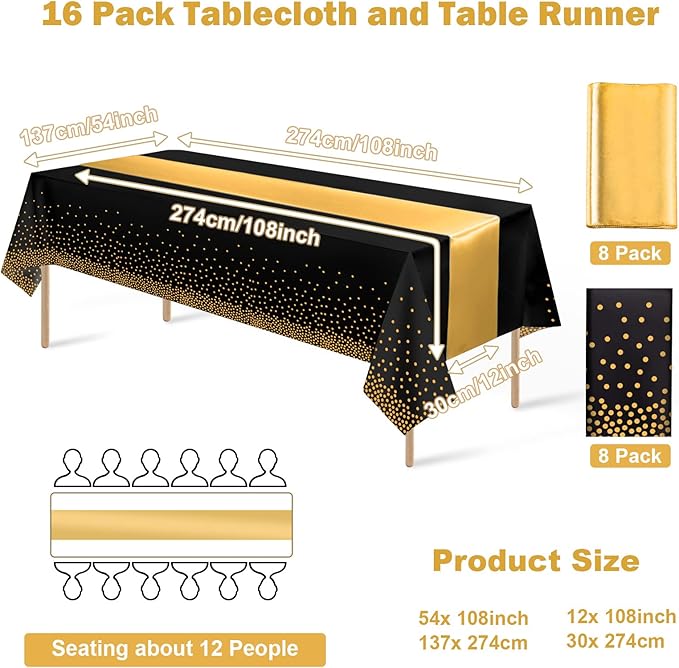 16Pack Disposable Plastic Tablecloths and Satin Table Runner Set Black Gold Dot Table Cloth Gold for Graduation Wedding Birthday Baby Shower Anniversary Holiday Party Decorations
