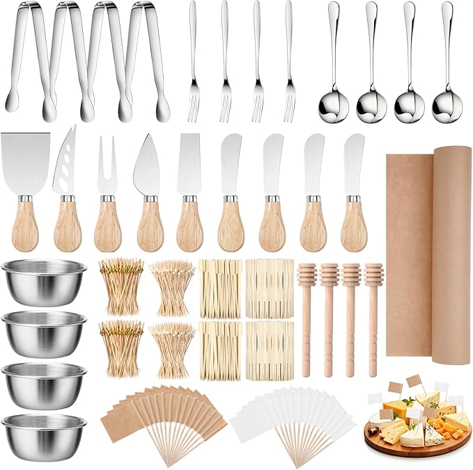 270 Pcs Charcuterie Board Accessories Cheese Butter Spreader Knife Set Butcher Paper Roll Serving Tongs Forks Spoons Dipping Bowls Dippers Cocktail Picks for Party Wedding Christmas (Silver)