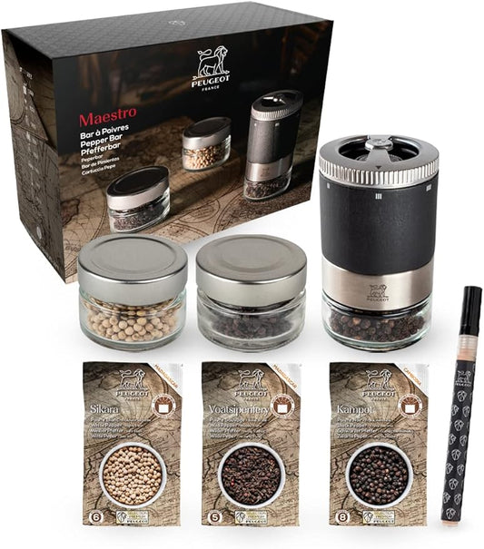PEUGEOT - Maestro Pepper Bar - 10cm Pepper Mill with U'Select Adjustment - 3 Premium Peppercorns, 3 Interchangeable Empty Vials, Felt - Made in France - PEFC Wood & Stainless Steel - Graphite Color