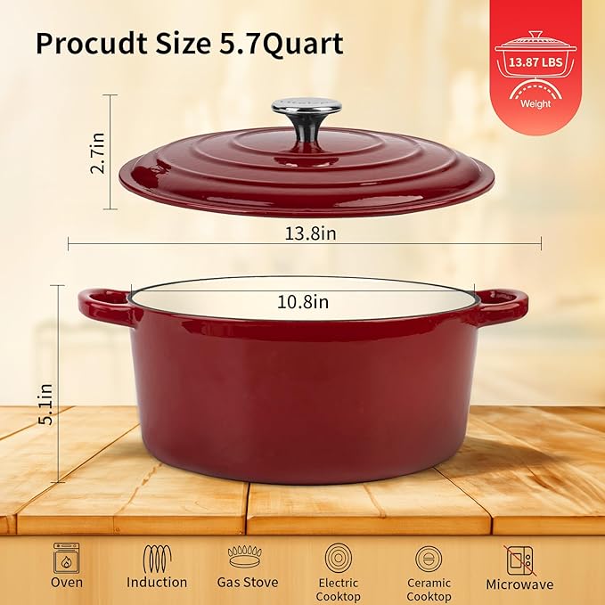 Enameled Cast Iron Dutch Oven Pot with Lid, 5.7 Quart Dutch Oven for Bread Baking, Oven Safe up to 500째 F, Suitable for Bread Baking, Braising, Roasting, Stews, Red