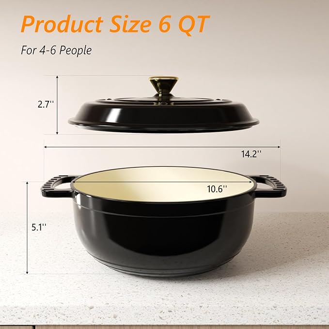 ROVSUN Enameled Cast Iron Round Dutch Oven, 6QT Pot with Lid &Dual Handles with Silicone Gloves,Oven Safe up to 500째F, Heavy-Duty Pre-Seasoned Cookware for Bread Baking, Braising, Stews, Roasting, Black