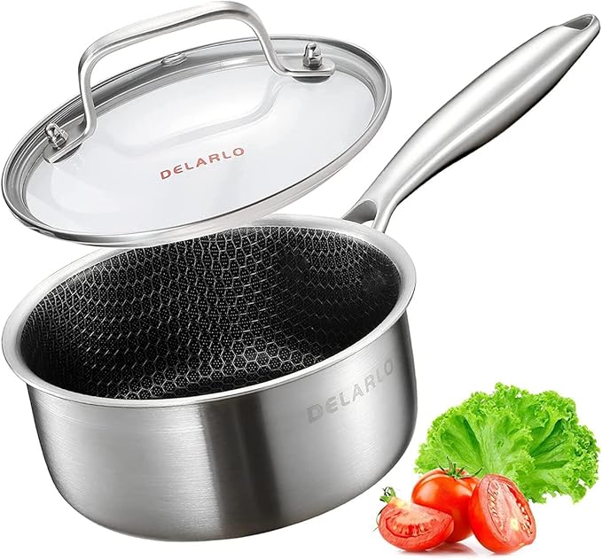 DELARLO Full Clad Tri-Ply Stainless Steel Saucepan 2.5QT, All Stove Safe 600??Lids 300??, Medium Sauce Pan with Lid, Non Stick Sauce Pan, Fast & Even Heat, Steel Pot with Lid, Energy Saving,2-1/2 QT