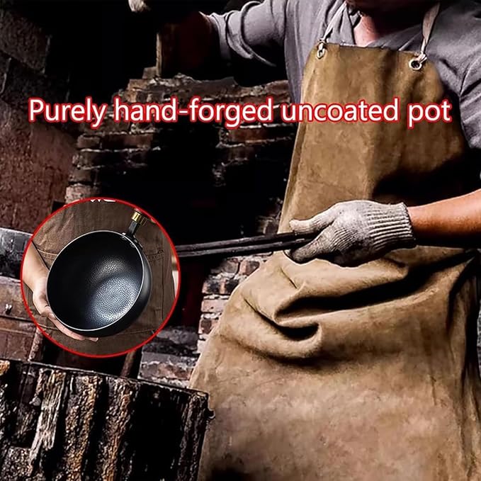 Japanese Frying Pan, Woks & Stir-Fry Pans with Stainless Steel Pot Support, Nonstick Wok, No Chemical Coated Flat Bottom Hand Hammered Chinese Wok For Gas (Wooden lid, 24)
