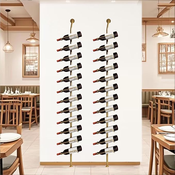 Large Wall Mount Wine Rack, H 72.8inch Wall Mounted Shelves for Bar, Holds 12 Metal Wine Storage Holder, for Commercial Restaurants Pantry Bar Wine Cellar (Gold, Second Row - 24 Bottles)
