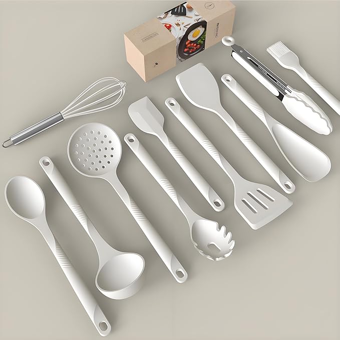 Silicone Cooking Utensils Set - 600째F Heat Resistant, Nonstick Kitchen Utensil Set with Spatulas, Spoons, Whisk, Tongs, BPA Free, Dishwasher Safe, Cream White