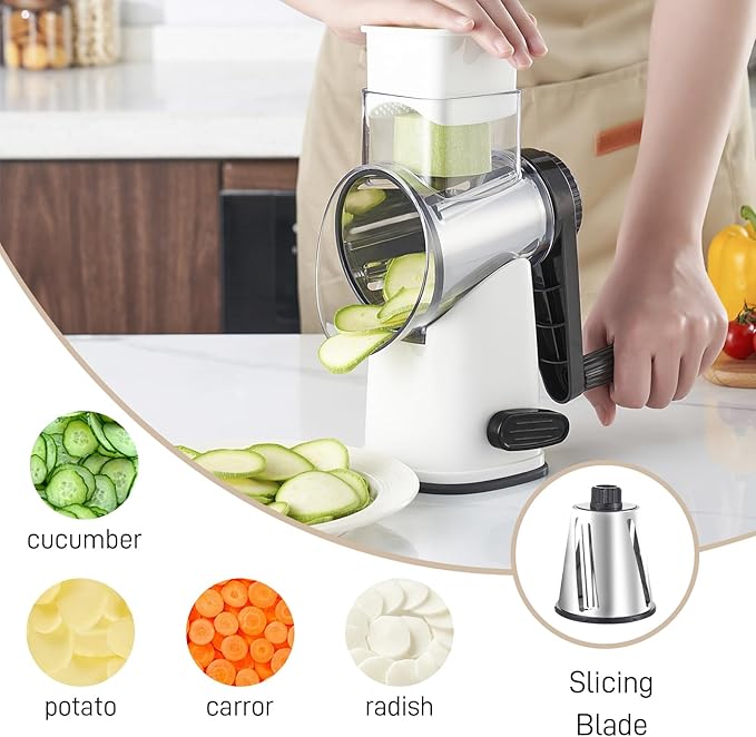 Weltonhm Rotary Cheese Graters with 4 Blades, Hand Crank Cheese Grater with Waffle Slicer, Red, Black and White Cheese Shredder with Suction Base, Easier for Shredding & Grating (White, 4 Graters)