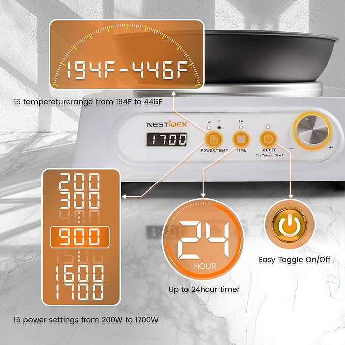 Induction Wok Burner, NESTIQEX Portable Induction Cooktop with Carbon Steel Wok, Glass Vented Lid, Rack, 194??446?? 24 Hrs Timer, Auto-off 1700W/120V Electric Burners for Restaurant, Kitchen