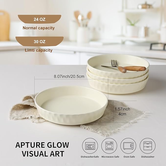 Dinner Plates Set of 4, 8 Inch Ceramic Salad Plates With High Rim for Pasta, Salad, Steak and Main Course, Microwave, Oven and Dishwasher Safe - Apricot