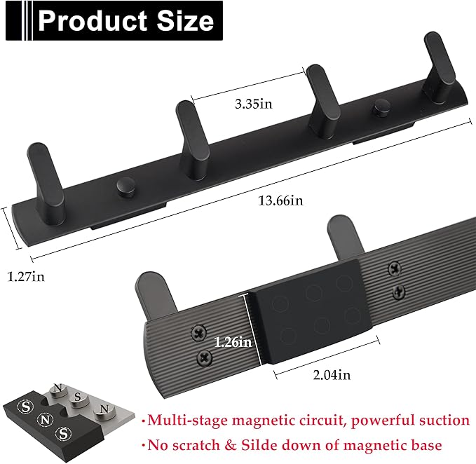 ULIBERMAGNET Magnetic Hooks,Heavy Duty Coat Magnetic Rack,Strong Rubber Magnetic Hanger for Refrigerator,Metal Cabinet,Hanging Coat, Towel, Bag, Backpack(Matte Black/4 Hooks)