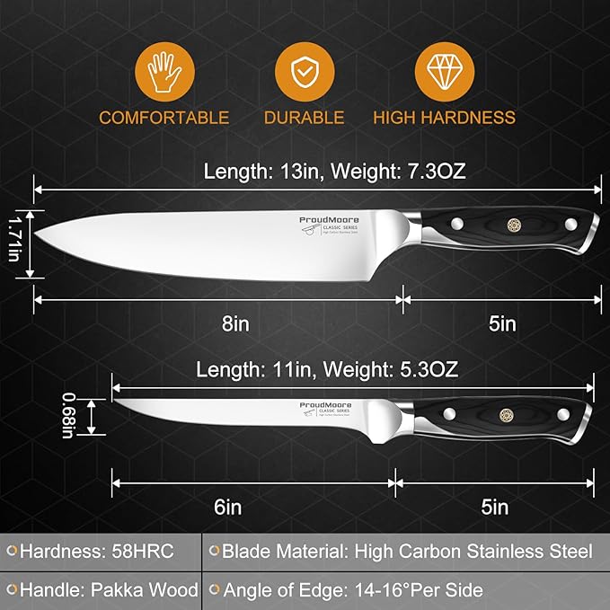 2 Pack Kitchen Knives Set, 8" Chef Knife & 6" Boning Knife, High Carbon Stainless Steel Blade with Wooden Handle, Professional Japanese Sharp Knives for Meat Cutting, Carving, Fish Fillet