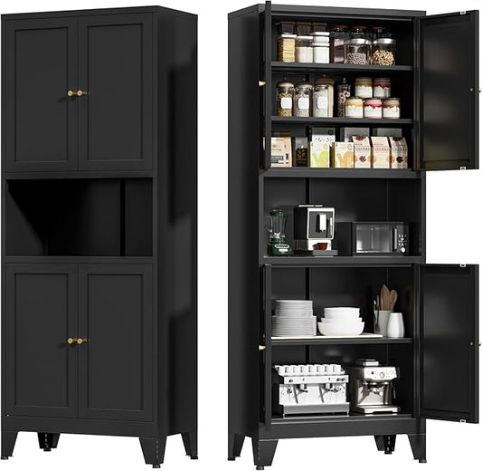 COFaR 69" Tall Modern Kitchen Pantry,Metal Storage Cabinet with Adjustable Shelves,Pantry Cabinet with 6-Tier,Freestanding Cupboard for Kitchen,Dining Room,Living Room,Bathroom,Black