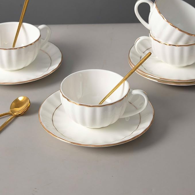 Bone China Tea Cups and Saucers Set (6 oz, Set of 4) ??White Luxury Fine Porcelain Mugs for Tea, Coffee, Latte Art, Barista Use, Elegant Gifting