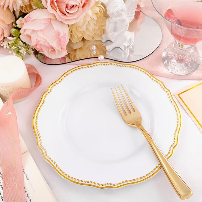 Hioasis 60pcs Gold Plastic Plates - White and Gold Disposable Dinnerware with Gold Rim, Heavy-duty, 7.5 inch, Dessert Plates for Party & Thanksgiving