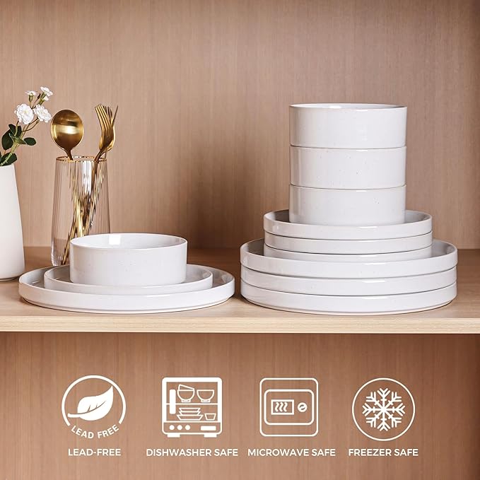 GBHOME Dinnerware Set for 6, 18 Piece Speckled Plates and Bowls Set with Glazed Bottom, Chip & Scratch Resistant Stoneware Plates Sets, Dishwasher & Microwave Safe Dishes, White