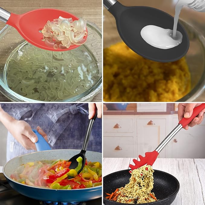 Silicone Spatula and Cooking Spoon,5 Pack Non-Stick Cooking Utensils for Kitchen竊똇eat Resistant Solid & Slotted Spoons and Spatulas, Stainless Steel Handle Coated with Silicone,Red
