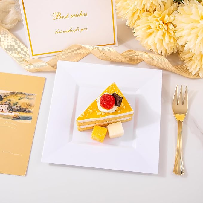 supernal 200Pcs White Dessert Plates 6" with Gold Plastic Forks 5.7",White Disposable Square Plates for 100 Guests, Including 100 Plastic Appetizer Plates and 100 Dessert Forks for Party