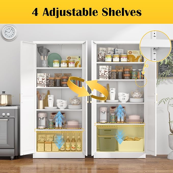 Kitchen Pantry Cabinet,71?쓂hite Metal Pantry Storage Cabinet with Doors and 4 Adjustable Shelves,Kitchen Cabinet with 2 Gold Handles,Tall Cabinet for Livingroom,Pantry, Bathroom,Kitchen