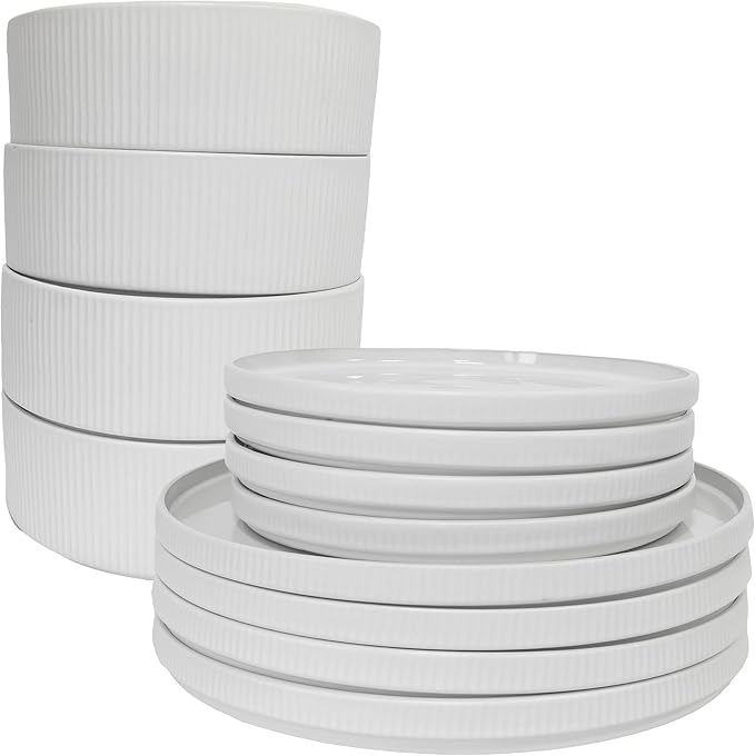 UDNORDGLOE Porcelain Dinnerware Sets for 4, 12 - Piece Ceramic Plates and Bowls Sets,Stoneware Clip and Scratch Resistant Dishware, Microwave and Dishwasher Safe, Matte White