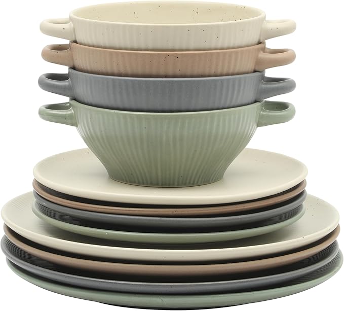 Gibson Elite Clover Hill 12-Piece Stoneware Dinnerware Set ??Assorted Colors in Sage Green, Charcoal, Taupe & Cream ??Embossed Reactive Glaze Plates & Bowls, Microwave & Dishwasher Safe, Service for 4