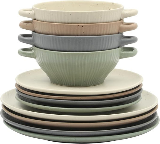Gibson Elite Clover Hill 12-Piece Stoneware Dinnerware Set ??Assorted Colors in Sage Green, Charcoal, Taupe & Cream ??Embossed Reactive Glaze Plates & Bowls, Microwave & Dishwasher Safe, Service for 4