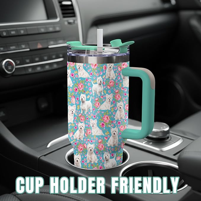 Yogusut Westie Gifts for Women, 40oz Stainless Steel Insulated Tumbler Travel Mug Cup with Handle Straw, Gifts for Dog Mom Dog Lover