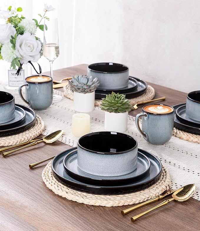 LERATIO Ceramic Dinnerware Sets for 4,Round Reactive Glaze Ceramic Plates and Bowls Set | Dishwasher & Microwave Safe Dishes Set,Service for 4 (12pc)-Gray White