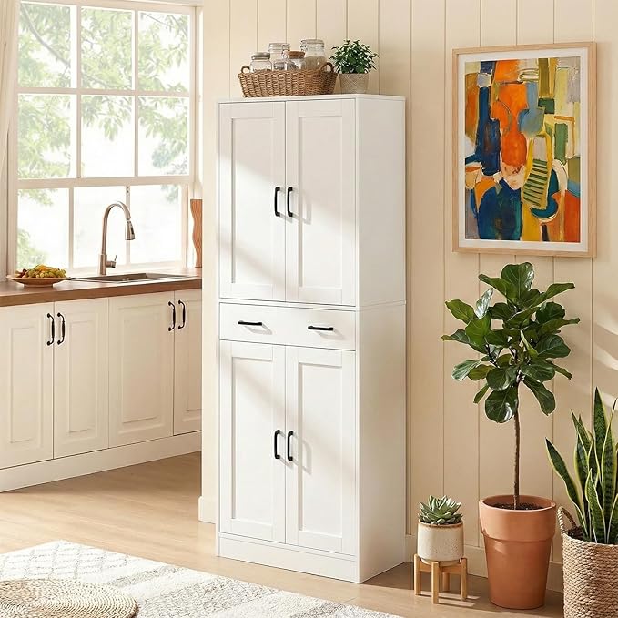 71" Tall Kitchen Pantry Cabinet, Freestanding Storage Cabinet with Drawer and 4 Doors, Large White Utility Floor Cupboard with Adjustable Shelves for Dining Room, Bathroom, Home Office