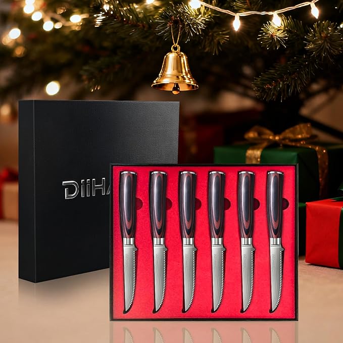 Steak Knives Set of 6, Serrated Steak Knife Set 4.5 Inch, Ultra Sharp Forged High Carbon Stainless Steel Dinner Knife with Ergonomic Pakkawood Handle, Damascus Pattern and Gift Box