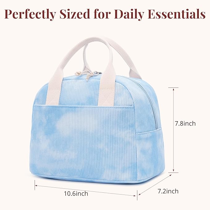 LOVELYWIND Insulated Sky Blue Lunch Bag for Women, Stylish Corduroy Tote with Aluminum Lining, Large Capacity Reusable Cooler for Work, Travel, or Beach, Beige Cream Water-Resistant Lunch Box