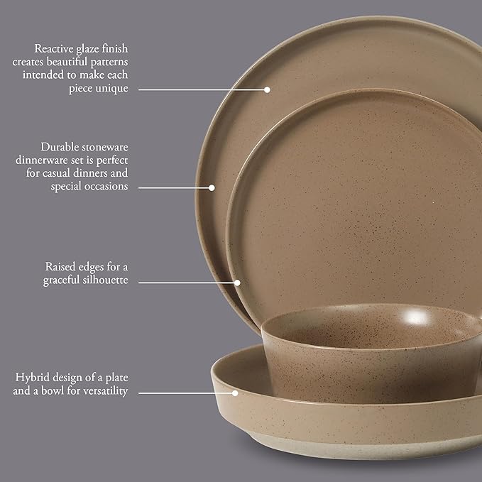 Gibson Elite Overbrook 16-Piece Pottery Clay Stoneware Dinnerware Set ??Terraccotta Brown Reactive Glaze, Stackable Plates and Bowls w/Pasta Bowl, Service for 4 ??Microwave & Dishwasher Safe