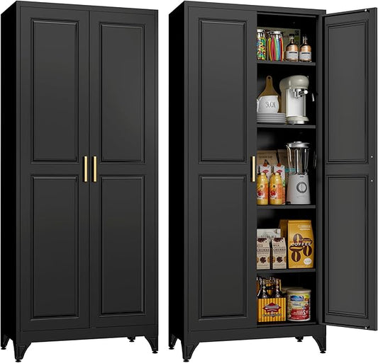 75" Tall Metal Storage Cabinet, Kitchen Pantry Storage Cabinets with Doors and 4 Shelves, Black Pantry Cabinet, Utility Kitchen Cupboard, Large Steel Cabinets for Dining, Office, Living Room