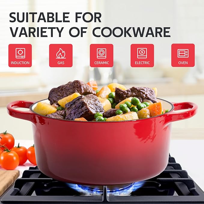 6 Quart Dutch Oven Enameled Cast Iron with Lid - Big Dual Handles - Oven Safe up to 500째F - Classic Round Pot for Versatile Cooking (Red, 6 QT)